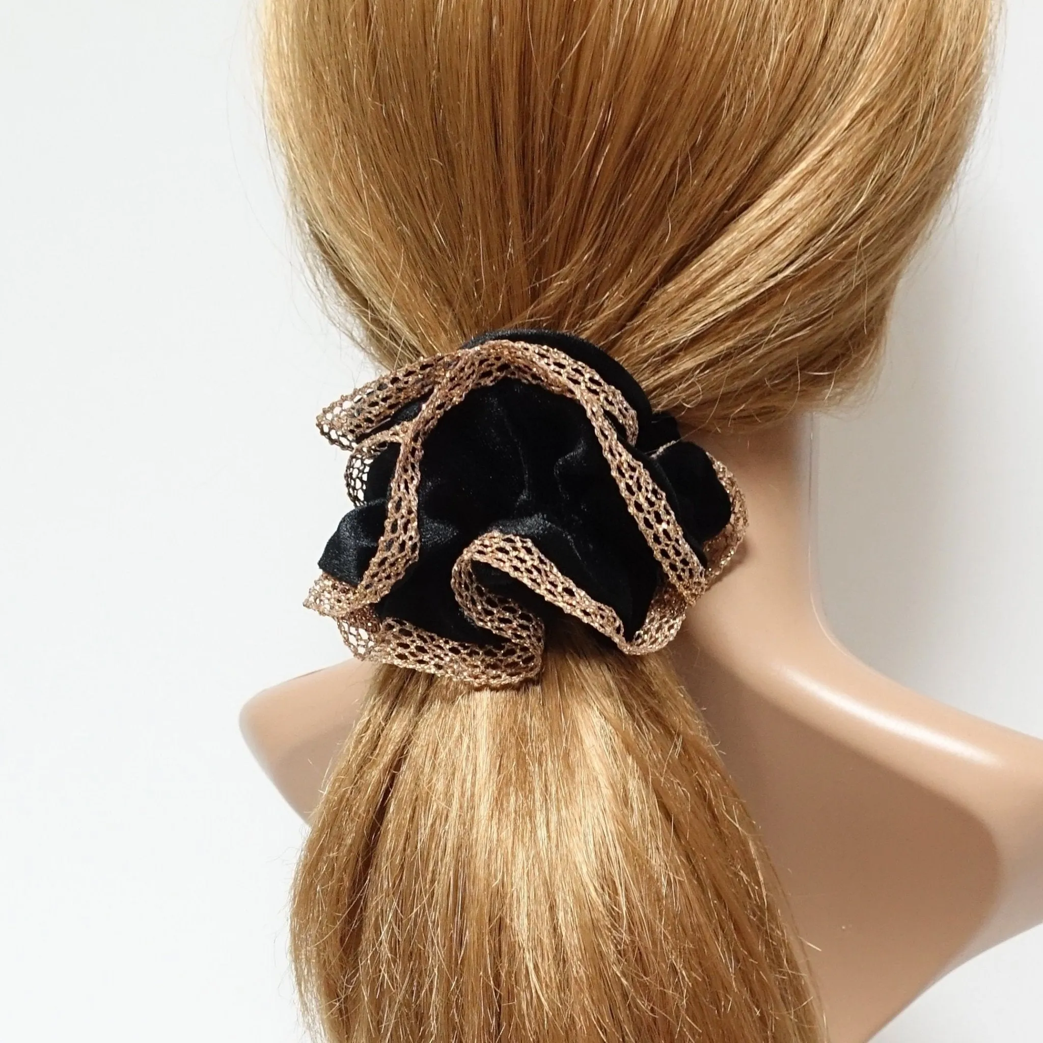 golden mesh trim velvet scrunchies dazzle decorated hair elastic scrunchy women hair accessory