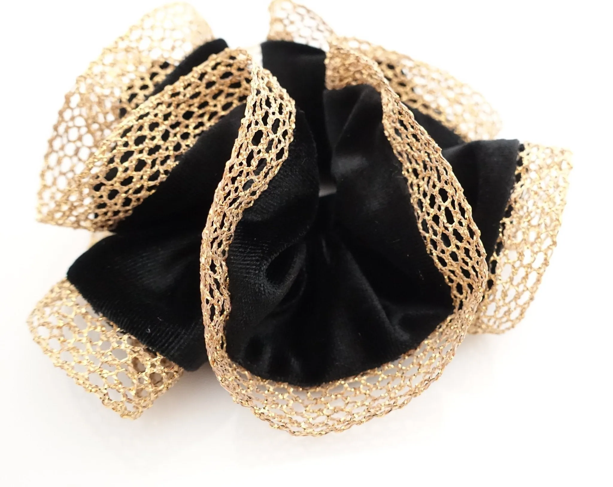 golden mesh trim velvet scrunchies dazzle decorated hair elastic scrunchy women hair accessory